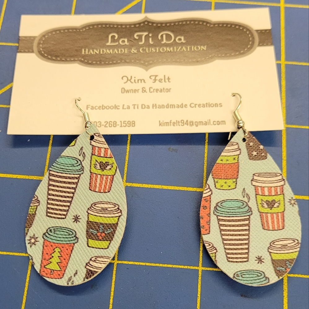 Coffee Cup Pleather Tear Drop Earrings Food